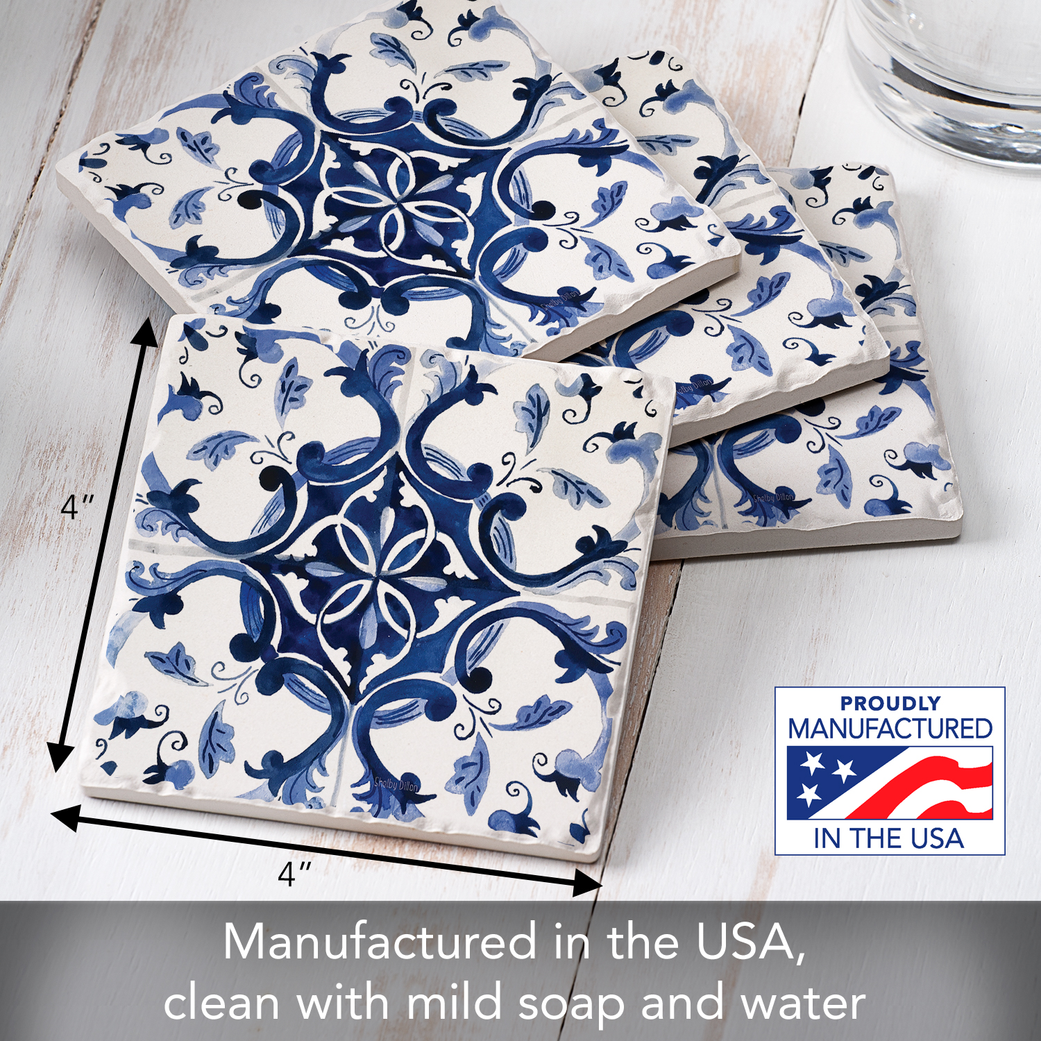 Counterart Blue & White Tile Design Absorbent Stone Tumbled Tile Coaster 4 Pack, Size: 4 x 4 x 1.5